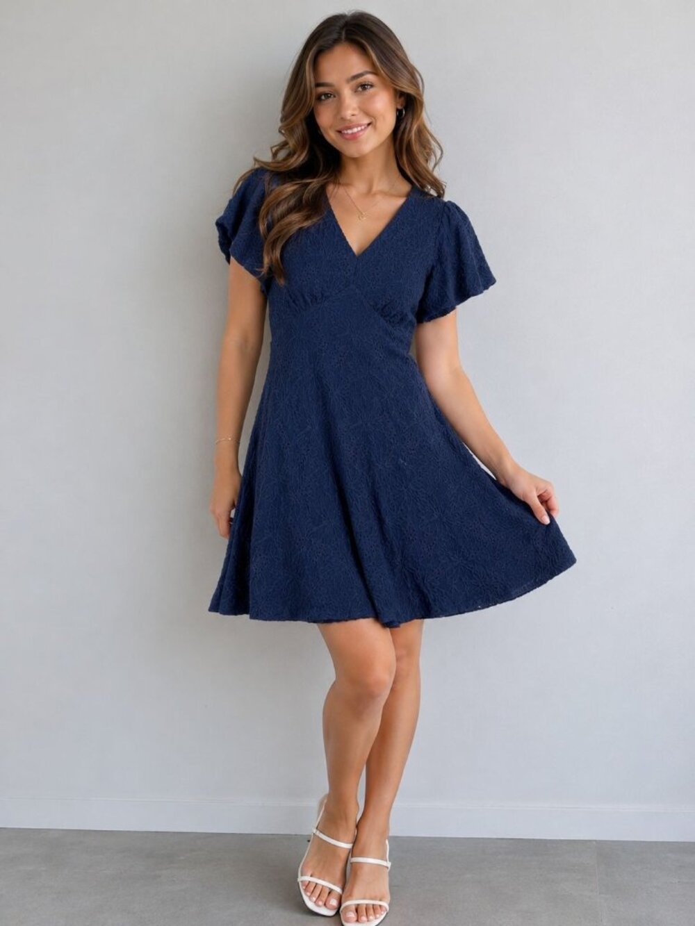 Michael Kors Dress Size XS Eyelet Textured Navy A Line Short Puff Sleeves V Neck